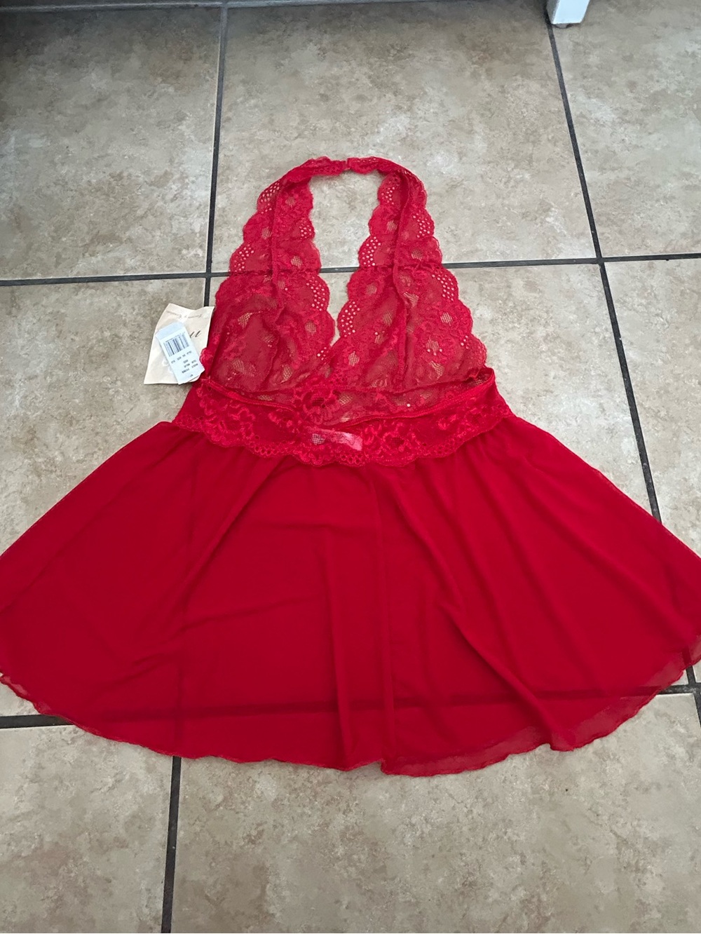 NWT ANDREA FENZI Red Lace Halter Chemise